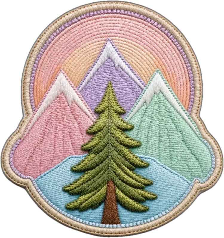 3D Embossed Badge with Mountain Silhouette and Tree Figure in Pastel Colours | TPU Production